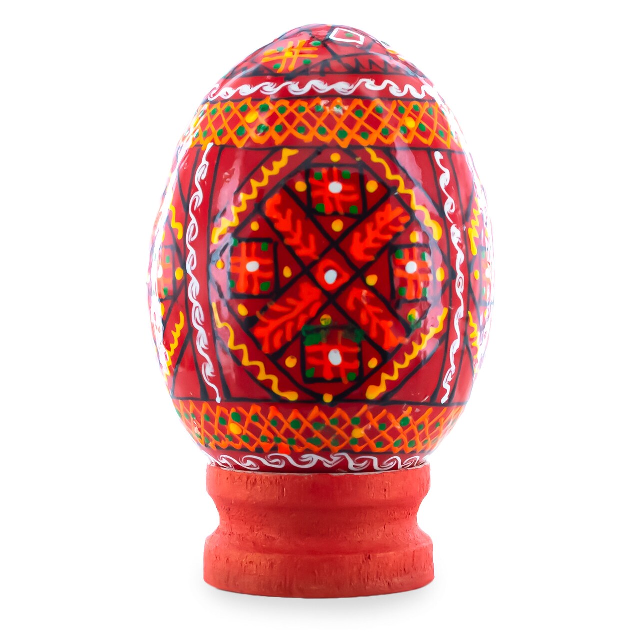 Geometrical Red Ukrainian Wooden Easter Egg Pysanka on a Stand 3 Inches